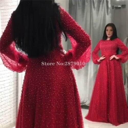 Illusion Arabic Red A-Line Evening Dress Floor-Length Prom Dress Turkish Long Sleeves Lace Beaded Pearls Luxury 2020 Dubai