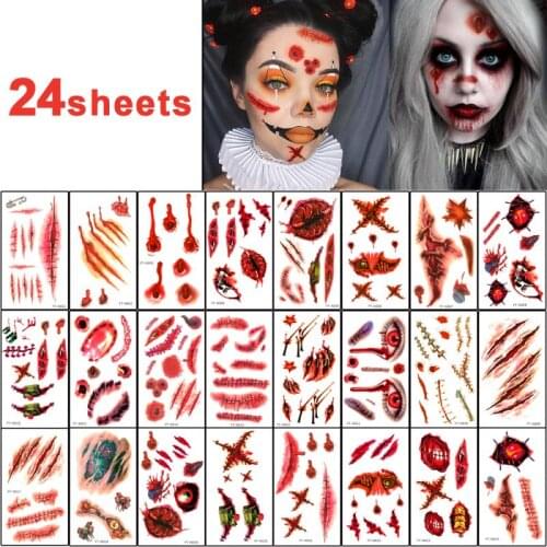 Halloween Horror Wound Zombie Scar Temporary Tattoos, 3D Halloween Makeup and Party Decorations (24 sheets)