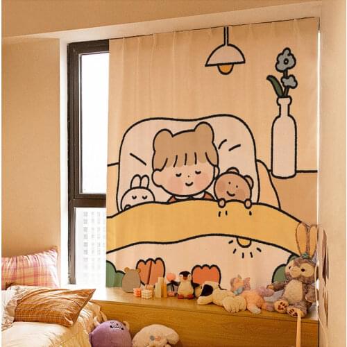 W&G Kawaii Ins Velcro Curtain Fabric Punch-free Short Curtain Cartoon Curtains Self-adhesive Wall Cloth for Window Shading