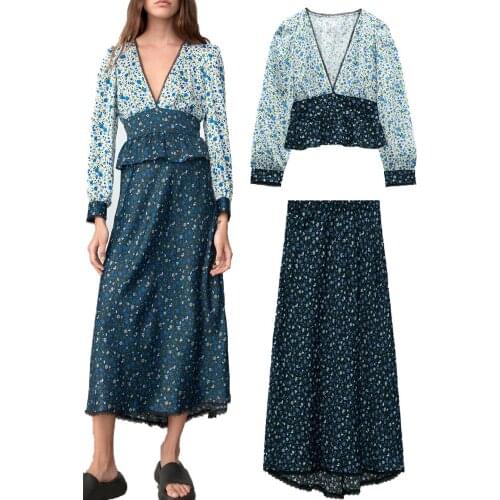 ZA summer new womens clothing all-match lace neckline low-cut V-neck flower print shirt and flower print skirt half-length