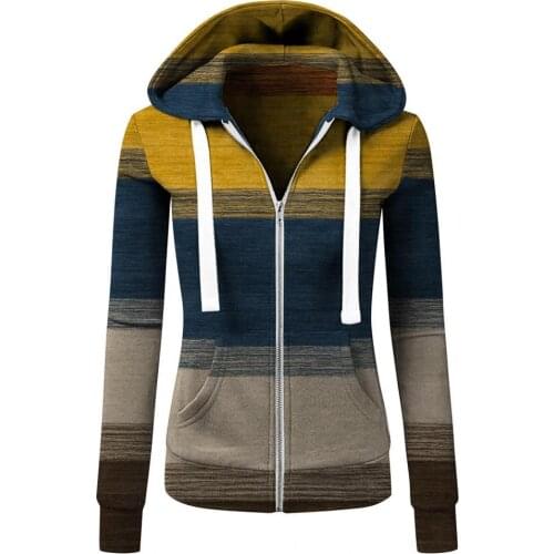 New Womens Colorblock Striped Casual Hooded Sweatshirt Autumn Winter Long Sleeve Drawstring Outwear Hooded Zipper Jacket Tops
