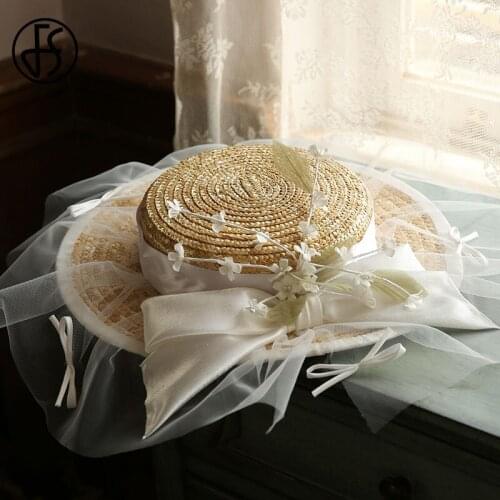 FS Summer Female Sun Hats Wide Brim Hat Flower Bowknot Straw Hat Beach Cap For Women Flat Top Boater Fedora Hat