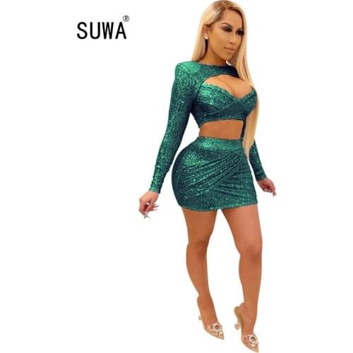 Glitter Sequin Two Piece Outfits For Women Hollow Out Long Sleeve Crop Top+Mini Skirts Sweatsuits Elegant Bandage Matching Sets