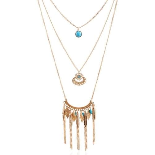 CHICVIE Multilayer feather Gold Color Necklaces for Women Vintage Beads Necklace Trending Jewelry SNE160044