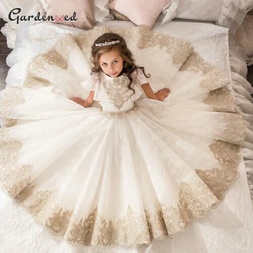Gold Lace Applique First Communion Dresses Short Sleeves Top Lace Flower Girl Dress Lace Applique Skirt Girl Pageant Dresses