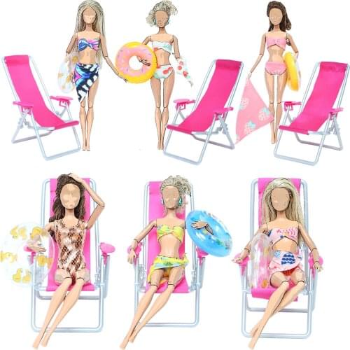 3 Pcs = 1x Fashion Mix Style Swimsuit Bikini +1x Random Swimming Buoy Lifebelt Ring + 1x Beach Chair Accessories for Barbie Doll