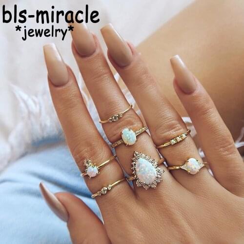 Bls-miracle New Design Vintage Opal Knuckle Ring Set For Women Boho Geometric Pattern Flower Rings Party Jewelry 7PCS/Set RJA-27