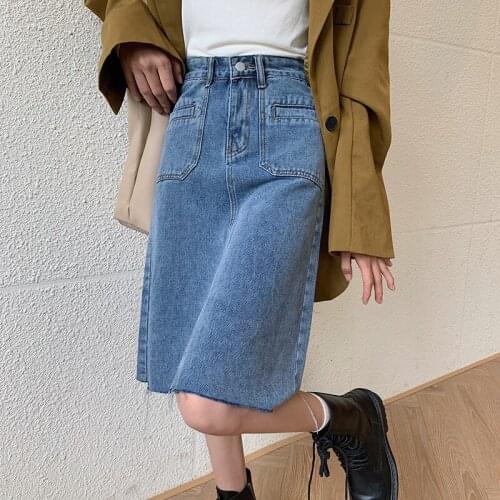Hzirip 2021 Sweet Summer Solid Pockets Denim Skirt High Waist Pockets Chic Fashion Korean Casual Hot Knee-Length Hio Skirt Loose