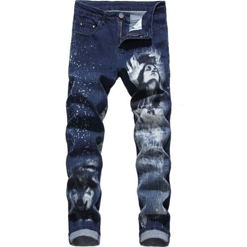 Men 3D Print Beauty & Wolf Elasticity Biker Jeans streetwear Hip hop Motorcycle skinny Joggers Denim pants Plus Size 40 42