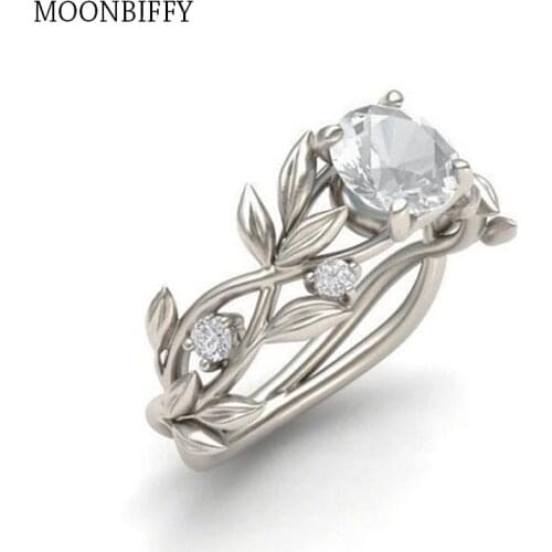 Luxury Princess Leaf Engagement Ring for Women Girl Blue Stone Copper Material Wedding Zircon Ring Collier