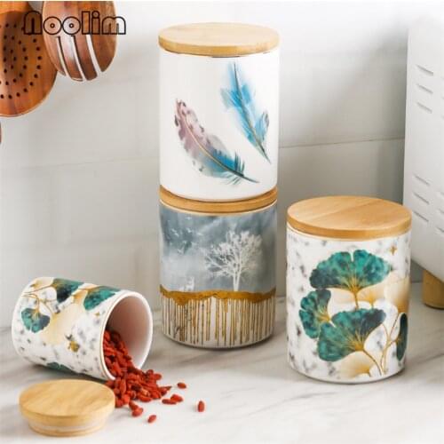 Nordic Ceramic Sealed Cans Coffee Beans Dried Fruit Storage Tank Portable Tea Caddy with Wooden Lid Kitchen Food Container