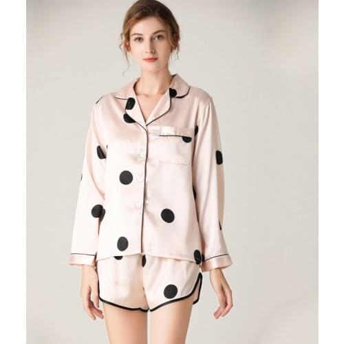 Lady Summer Satin 2PCS Polka Dot Pajamas Set Full Sleeve Cardigan&Shorts Sleepwear Loose Homewear Spring Autumn Casual Nightwear