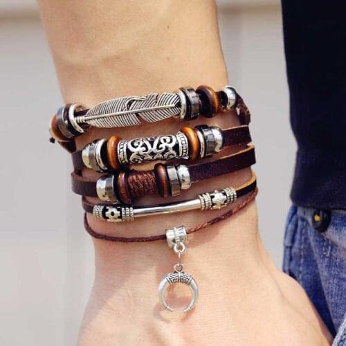 Brown Color Wing Moon Leather Bracelets & Bangle for Men Women Vintage Feather Multiple Braided Bracelets Wrap Wristband Jewelry