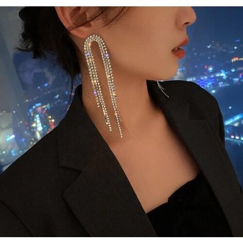 Fashion Long Tassel Crystal Drop Earrings for Women Geometric Full Rhinestone Earrings Statement Wedding Party Jewelry Gifts