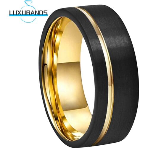 8MM Tungsten Ring For Men Wemen Pipe Cut Gold Offset Black Brushed Finished Comfort Fit