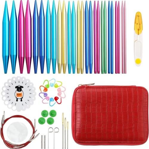 Hot Circular Knitting Needles Set Interchangeable Crochet Needles Red Color Genuine Leather Bag Knitting Accessories Kit 2021