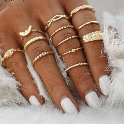 SexeMara 12 pc/set Charm Gold Color Midi Finger Ring Set for Women Vintage Boho Knuckle Party Rings Punk Jewelry Gift for Girl