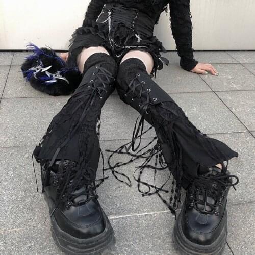 Original Design Punk Gothic lace-up Harajuku Japanese over the Knee Leg Warmer Foot Sock black flare knee sleeve Leg Cover