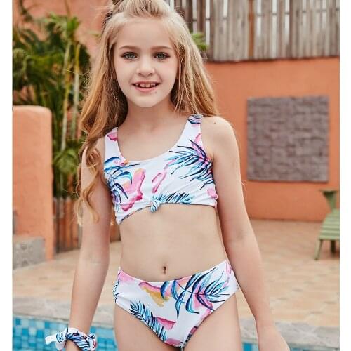 Newest Arrival Little Girls Swimsuit Bikini Set Kids Plant Print Round Neck Sleeveless Short Camisole Elastic Slim Panties Suits