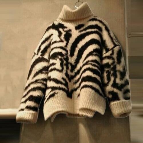 New Autumn Fashion Women Pullover Zebra Pattern Knitted Sweater Full Sleeve Turtleneck Casual Thick Wild Warm