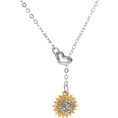 New Fashion Sunflower Pendant Necklace Unique Two Tone Charm Jewelry Crystal Sunflower Heart Pendant For Women Daily Wear