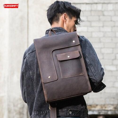 New Mens Backpack Genuine Leather Student Bag Large Capacity Shoulder Bags Retro First Layer Leahter Computer Travel Men