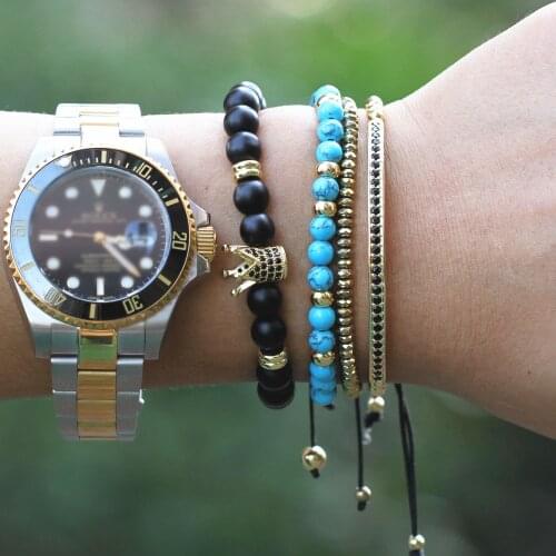 New Top Grade Crown Charm Bracelet Men Classic Vintage Natural Lava Matte Stone Beads Weave Crown For Male Bracelet Jewelry Gift