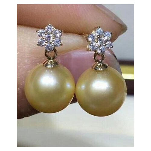 Charming gorgeous 9-10mm SouthSea pearl earring new solid gold
