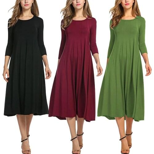 2020 Spring New Women Elegant A-Line Dress Solid Autumn Tunic Dress Three Quarter Sleeve Casual Loose Cotton Dresses Plus Size