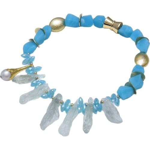 GG Jewelry Natural Keshi Pearl Green Amethyst Prasiolite Quartz Rough Blue Glass Crystal Necklace 18" Handmade For Women