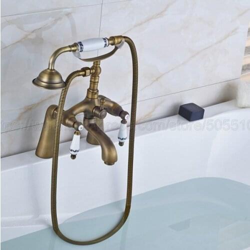 Deck Mounted Bathroom Clawfoot Bathtub Shower Faucets Antique Brass Basin Sink Mixer Tap Tub Faucet & Hand Shower zan009