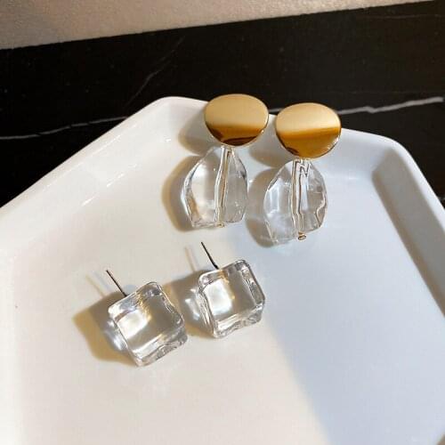 TARCLIY Geometric Metal Irregular Transparent Acrylic Pendant Earrings Small Cube Clear Resin Ear Studs Fashion Jewelry Women