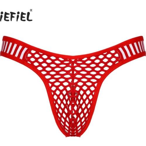 Mens Hollow Out Fishnet Briefs Low Waist Striped Panties Elastic Waistband Thongs See-through Bulge Pouch Underpants Underwear