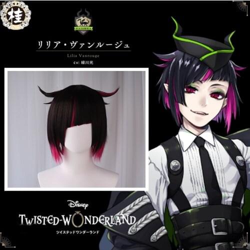 Uwowo Twisted-Wonderland Lilia Vanrouge Cosplay Wig Diasomnia 30cm Black Rose Red ShortHair