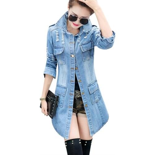 Women Casual Denim Jacket Lapel Slim Long Sleeve Outercoat Ladies Girls Fashion Spring Autumn Clothing Hole Coats Outerwear