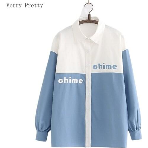 Letter Print Patchwork Blouse And Tops Women 2021 Summer Vintage Long Sleeve Turndown Collar Korean Ladies Casual Cotton Shirts