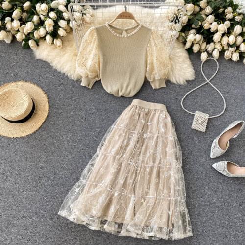 Autumn New Elegant Embroidery Mesh Skirt Two Piece Set Women High Quality Beaded Knitted Tops Long Skirt Casual Suits