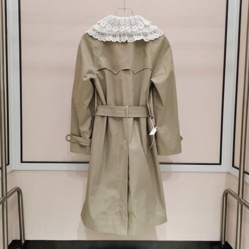 Fashion Runway Designer New Womens Autumn Long Sleeve Lace Chiffon Turn-Down Collar Khaki Belt Midi Trench