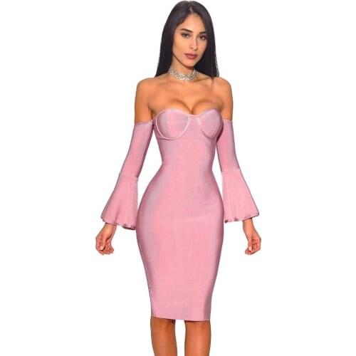 New Arrival Sexy Off Shoulder Women Bandage Dress Sexy Slash Neck Pink Dresses Celebrity Party Club Cocktail Bodycon Vestido HL
