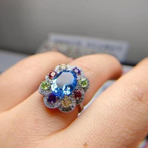 Fashion Big Gemstone Ring for Party 8mm*10mm Natural Topaz Ring 925 Sterling Silver Topaz Jewelry Gift for Woman