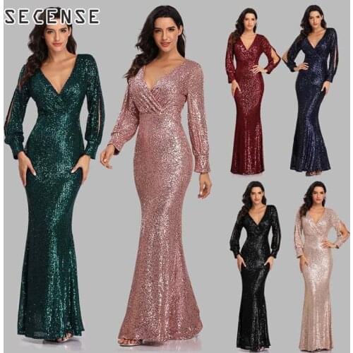 Womens Dress Long Sleeve V-Neck Sequin Prom Wedding Mermaid Bridesmaid Elegant Long Dress Trumpet Sexy Ladies Party Evening