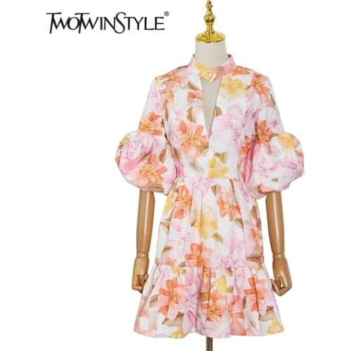 TWOTWINSTYLE Print Casual Dress For Women V Neck Lantern Short Sleeve Hit Color Zipper Mini Dresses Female Summer 2021 New Style