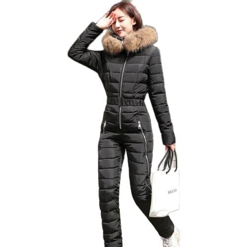 Winter Hooded Parka Jumpsuit Women One Piece Ski Suit Women Jackets Cotton bodysuit Sashes Jumpsuits Zipper Overalls Tracksuits