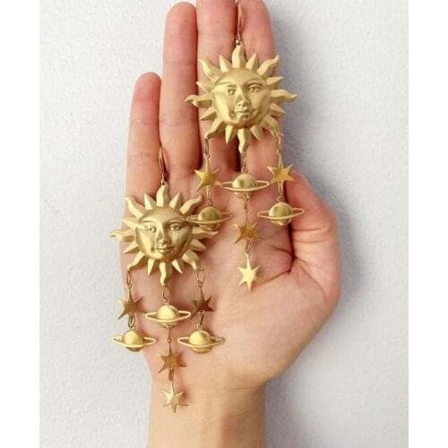 2021 Statement Brass Sun Earrings Celestial Jewelry for Women Hippie Gypsy Stars Sun Universe Earrings Saturn Space Earrings