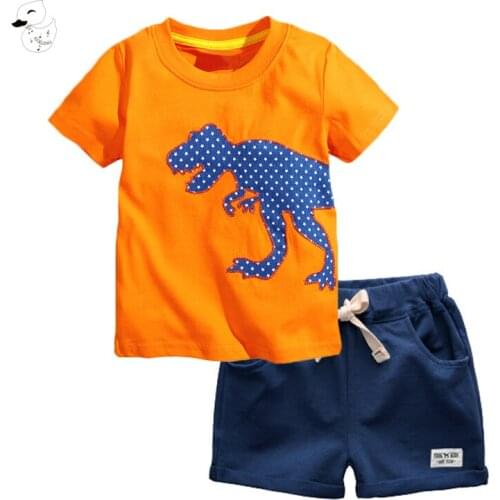 BINIDUCKLING 2019 New Design Boys Kids Cotton Set Summer Cartoon Dinosaur Print O-Neck Short Sleeve T-Shirt+Shorts Sets 2PCS