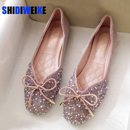 Sequin Womens Square Toe Bow-knot Pearl Rhinestone Shallow Lady Microfiber Flat Loafer Shoes Ballet Flattie Slip-Ons Shoes