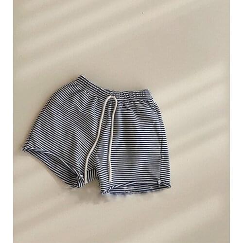 2021 Children Short Summer Korean Version New Simple Casual Tether Elastic Waist girls and boys Cotton Striped Pants