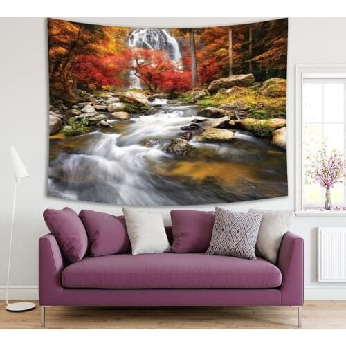 Tapestry Waterfall Forest in Maple Trees Foliage Autumn Color Stones River Landscape Scenery Orange Red Green