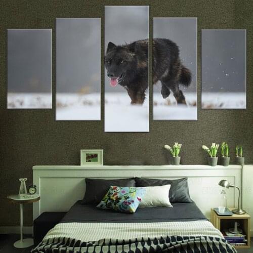 HD Printed 5 Piece Canvas Art Black Wolf Painting Wooden Framed Modular Wall Pictures for Living Room frame