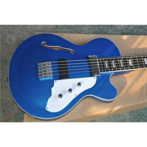 Custom Orphan unique 5 string bass guitar,semi hollow bass,independent bridge, blue guitar,pearl inlay,chrone button